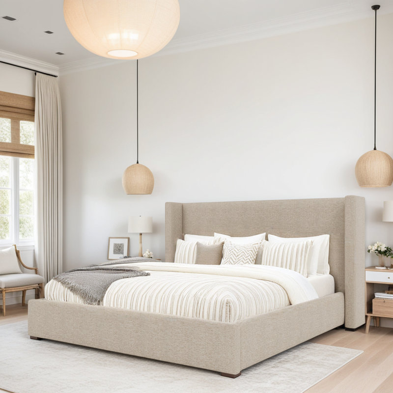 Vegan Leather Wingback Bed, Queen, Light Brown