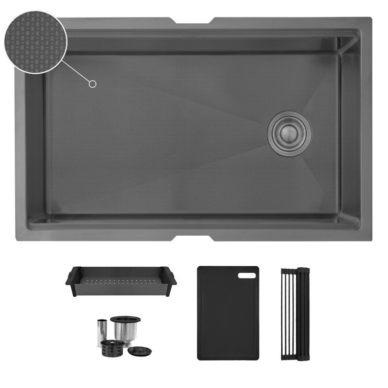 Undermount 33 inch Workstation Single Bowl Kitchen Sink with Dura-Tek finish and Accessories