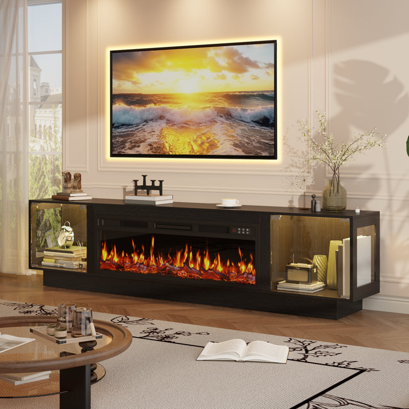 80" Tv Stand With 36" Inch Electric Fireplace Up To 90" Tvs, Led Light Entertainment Center With Two Large-capacity Glass Cabinets