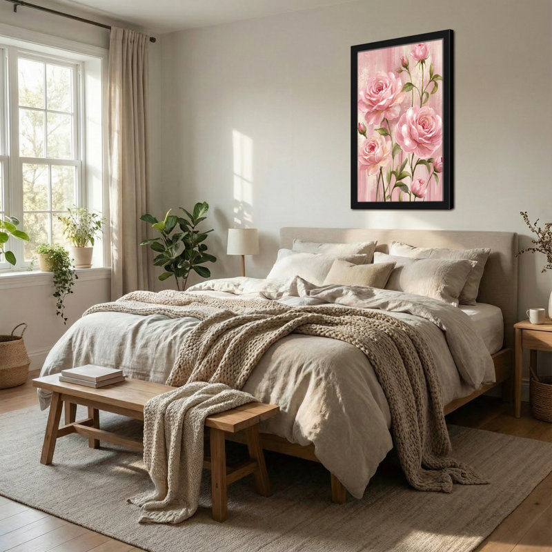 Plantes et fleurs roses sur fond doux avec feuilles vertes, H 18 po x l 12 po