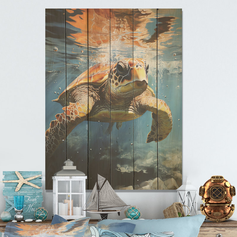 Dreamy Marine Encounter I - art mural panneau de bois de tortue sur bois de pin naturel, H 40 po x l 30 po