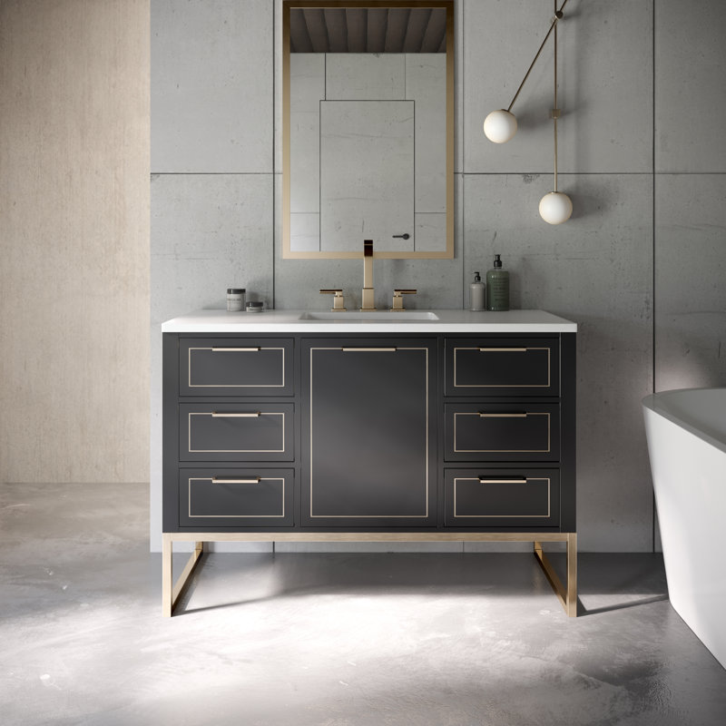 Markham 48'' W Single Vanity, Universal Calacatta Quartz, Midnight Black, Satin Brass