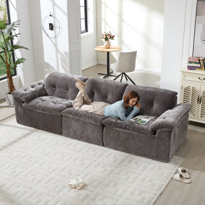 121" Sectional Sofa Comfy Cloud Couch for Living Room,Grey 3-Seater Chenille Modern Sofa