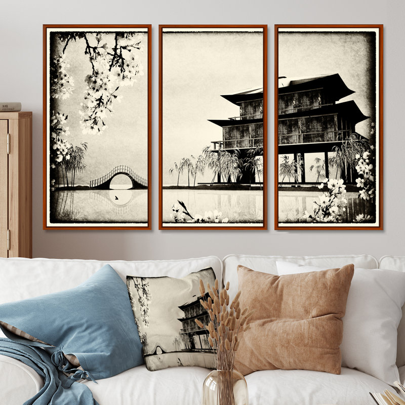Encre de Chine, ensemble d'art mural sur toile encadré paysage, H 40 po x l 60 po, Brun