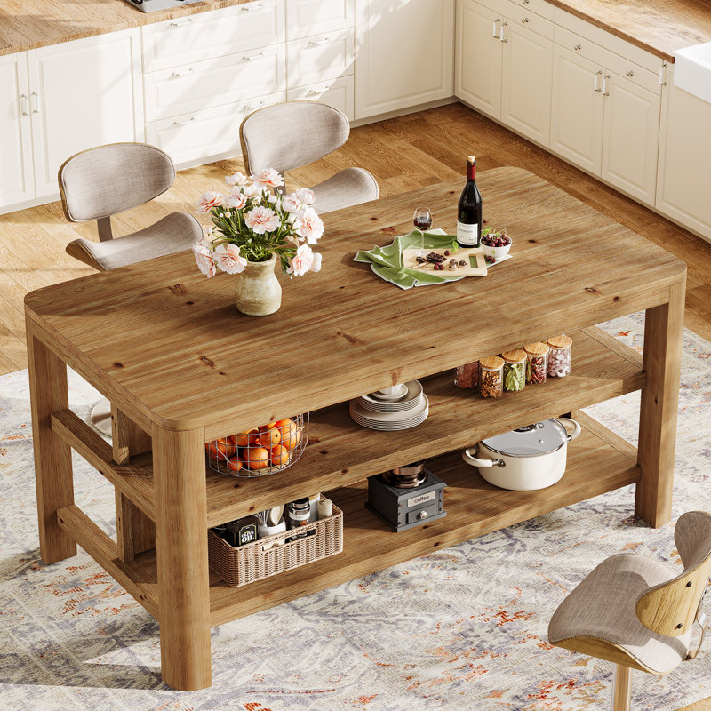 63-Inch Solid Wood Kitchen Island with Storage Shelves, Farmhouse Island Table Counter Height Bar Table for Kitchen, Dining Room