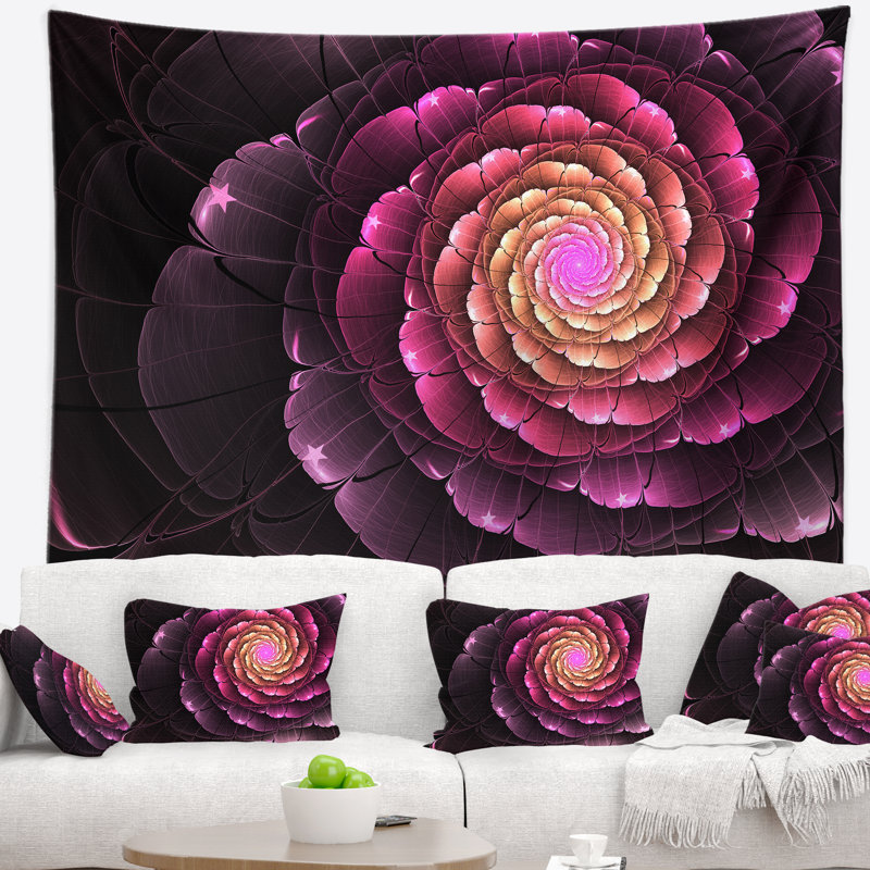 Tapisserie d'art numérique mauve fleur fractale, H 50 po x l 60 po