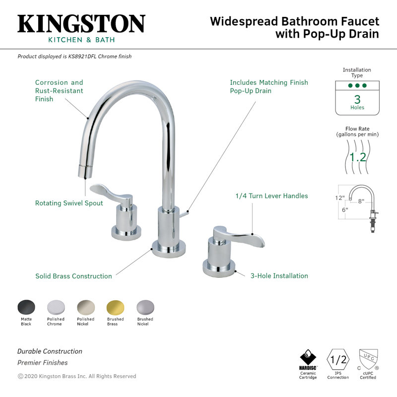 Robinet de salle de bain espacé à deux poignées et 3 poignées à fixation sur le comptoir avec drain escamotable en laiton Kingston
