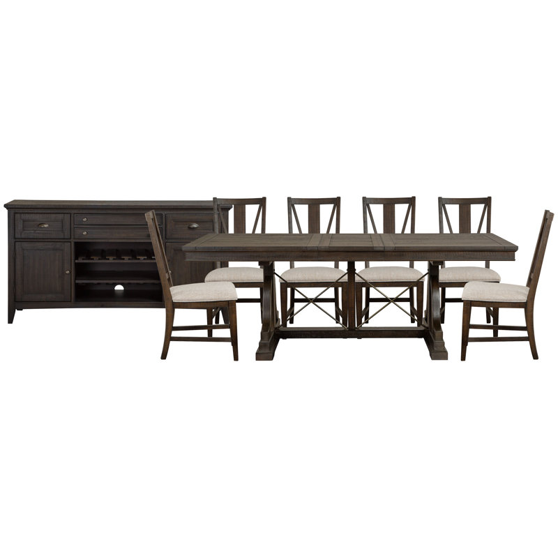 Extendable Trestle Dining Table With 6 Side Chairs And Buffet, 8 Pieces: Table, Buffet, 6 Chairs