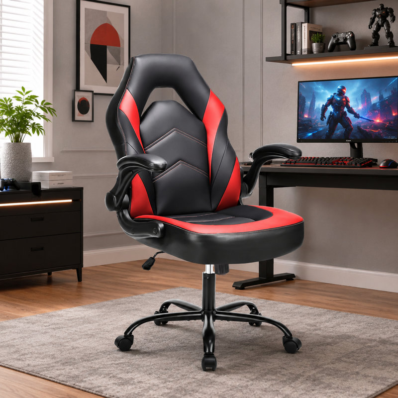 Black and Red Ergonomic Desk Chair with PU Leather, Flip-Up Armrests, Headrest, Lumbar Support, Smooth-Rolling Casters, and Height-Adjustable Mechanism