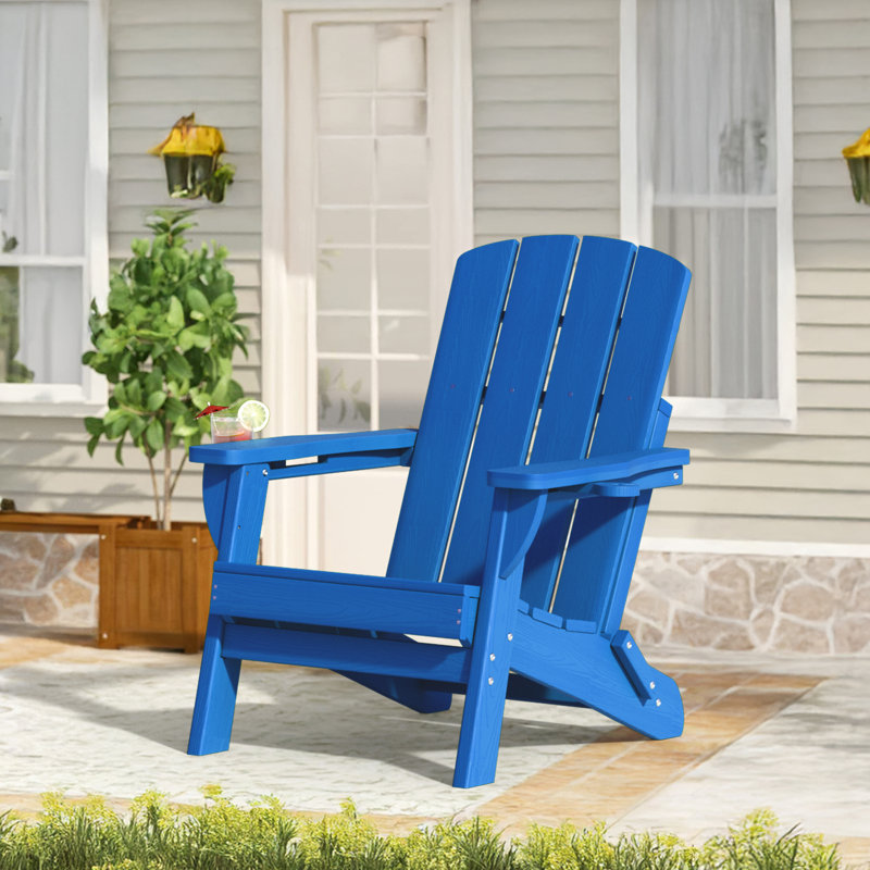  Folding Adirondack Chair Weather-Resistant HDPE Outdoor Fire Pit Chair With 2 Cup Holder, Royal Blue