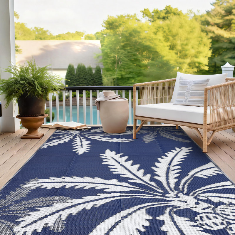 Navy and White 8x10 Outdoor Rug, PP Tube Woven Patio Rug with Modern Twin Leaves Design, 340gsm Durable Indoor Outdoor Carpet for Deck Porch, 8 ft x 10 ft