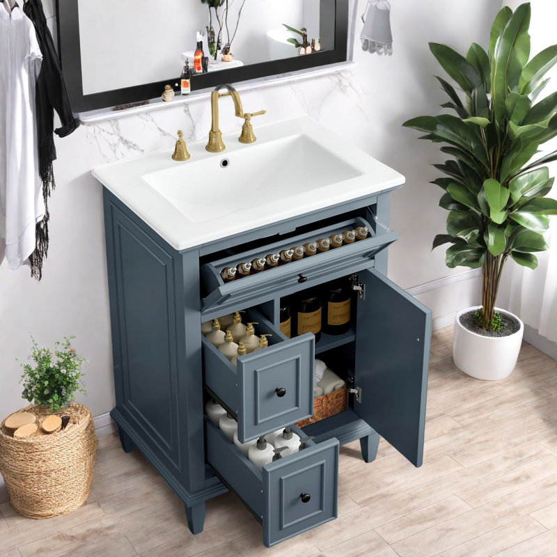 Durable Modern Vanities With Storage, Solid Wood Mdf Cabinet, Blue Gray