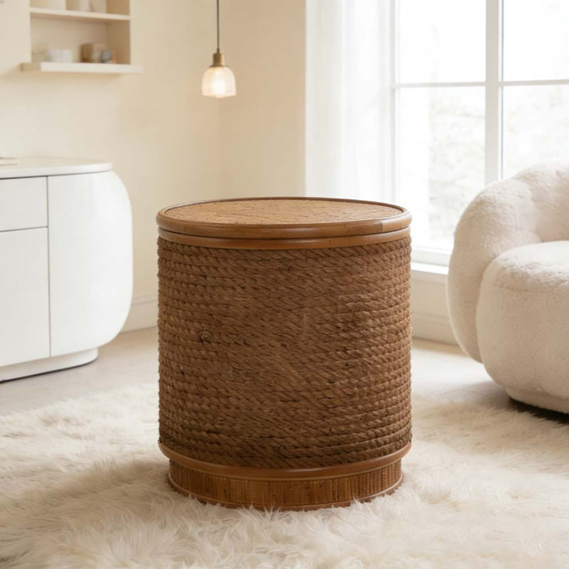 Table de bout ronde en rotin avec rangement amovible