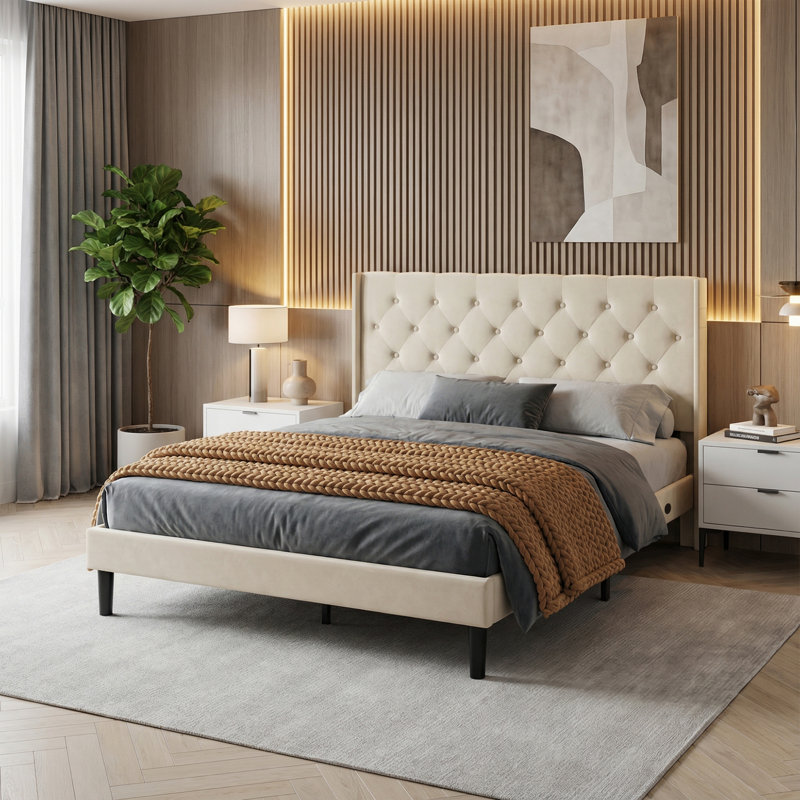 Upholstered Bed Frame with Diamond Button Tufted Headboard, Beige, Kingsize (5')