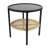 Round Metal Accent Table with Tray Style Top and Handwoven Bamboo Storage Shelf