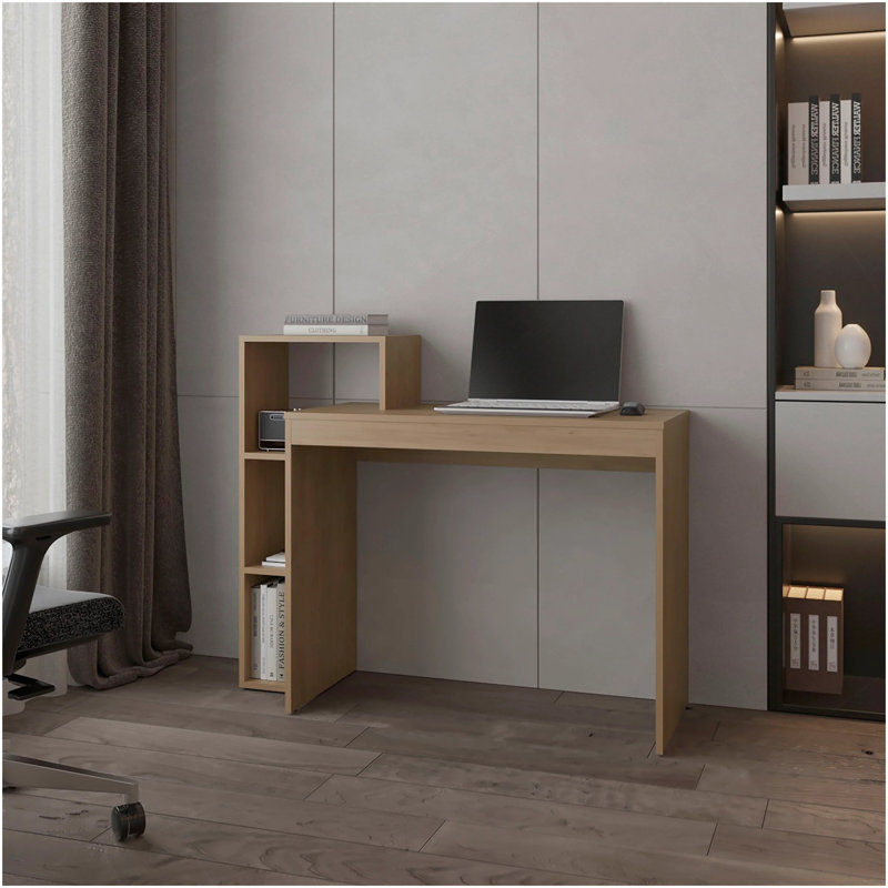 Bureau d'ordinateur en chêne naturel avec rangement ouvert