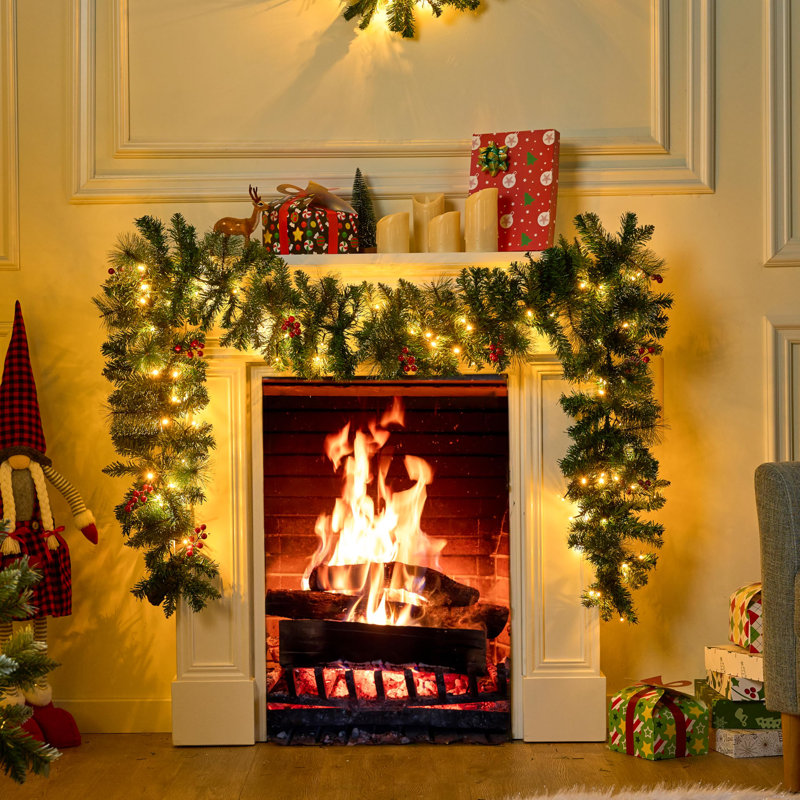 9 Ft Pre-Lit Christmas Garland with 100 Count Warm White Lights & Red Berries
