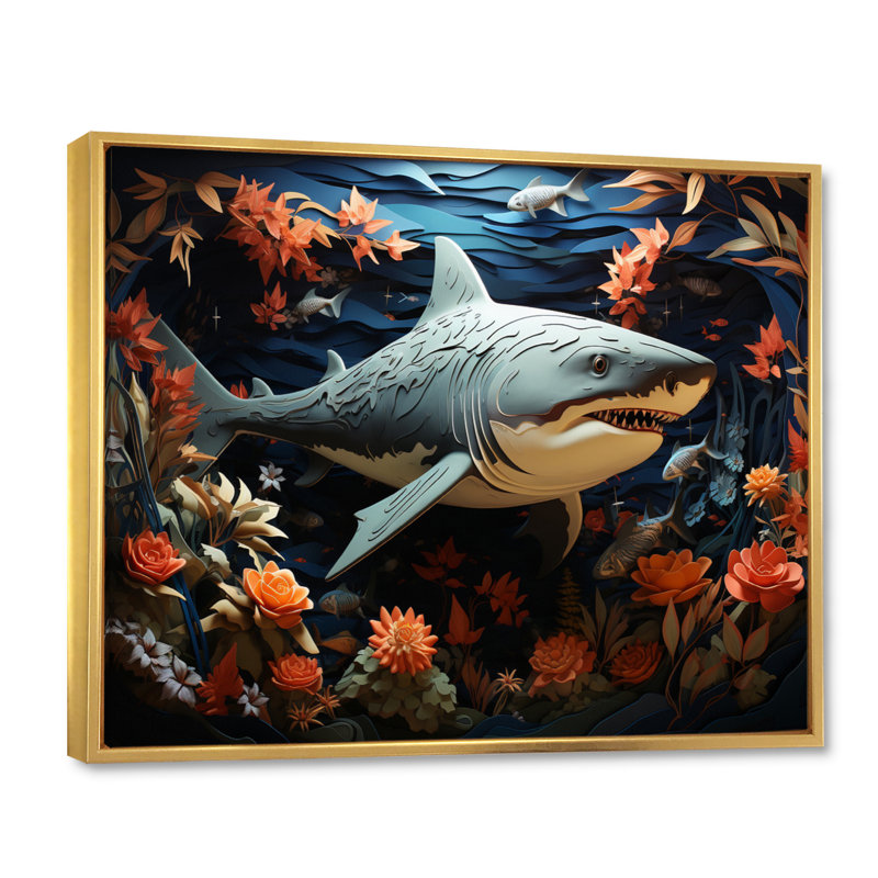 " Blue Shark Silent Hunter Papercut ", Gold Floater Framed, 16" H x 32" W x 1" D