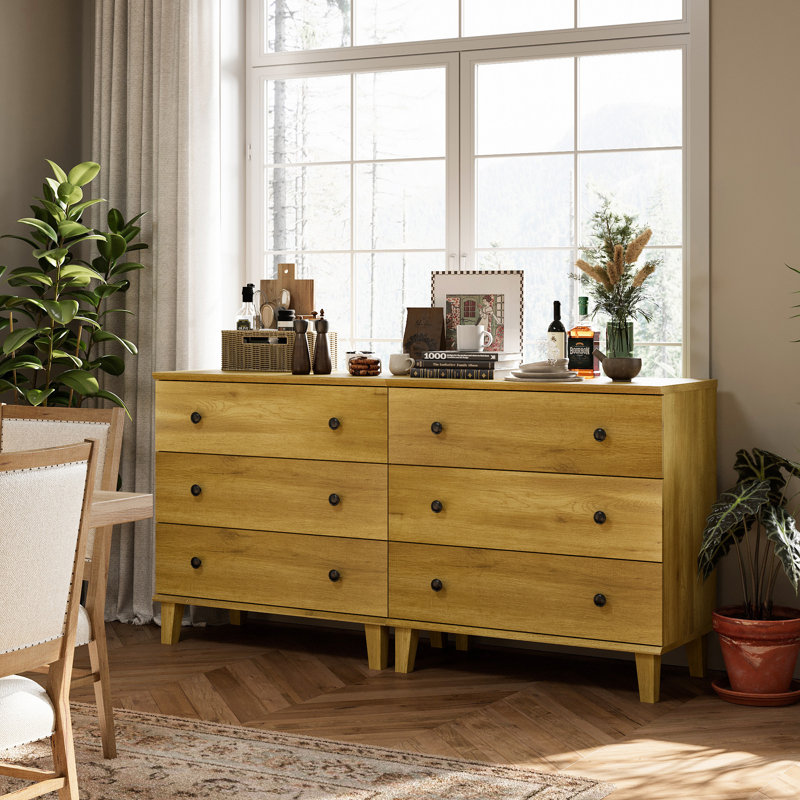 Dresser With 6 Drawers, Modern Chest Of Drawers W/Solid Wood Legs Dressers Buffet Storage Cabinet For Living Room, Baby Room, Nursery,Oak