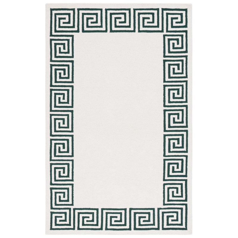 Diljana Hand Tufted Wool/Cotton Greek Key Border Rug in Ivory/Green, Rectangle 3' x 5'