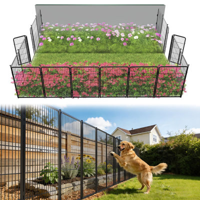 Clôture de jardin d'extérieur pour la cour FXW - H 40 po x L 36,4 pi (L), barrière en métal robuste pour chien, clôture décorative sans creusage pour chien, 16 panneaux, noir