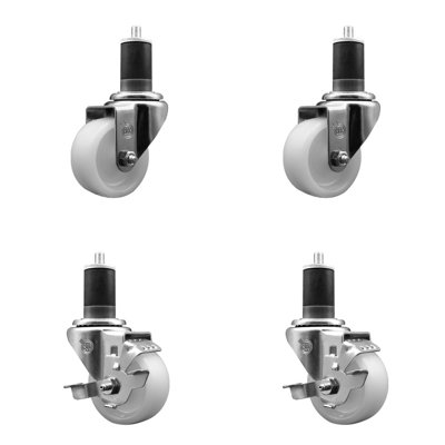 3 Inch SS Nylon Wheel Swivel 1-5/8 Inch Expanding Stem Caster Set 2 Brakes SCC