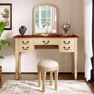 46"  Vintage Makeup Vanity With  Curved Flower Frame Mirror, Elegant Dressing Table With 5 Drawers And Leather Stool, Vanity Desk With Solid Wood Legs And Antique Handles For Bedroom