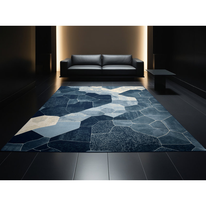 Machine Washable Pauleta Modern & Contemporary Abstract Rug in Blue – Navy Binding, 5' Square