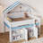Full Size Loft Bed with Canopy Roof and Storage Cabinet – Multi-Functional Wood Loft, White and Blue-1238512264