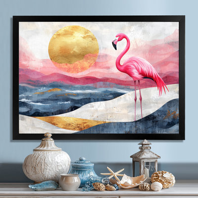 Gold Pink Flamingo On Bold Beach Landscape II - Flamingo Canvas Wall Art