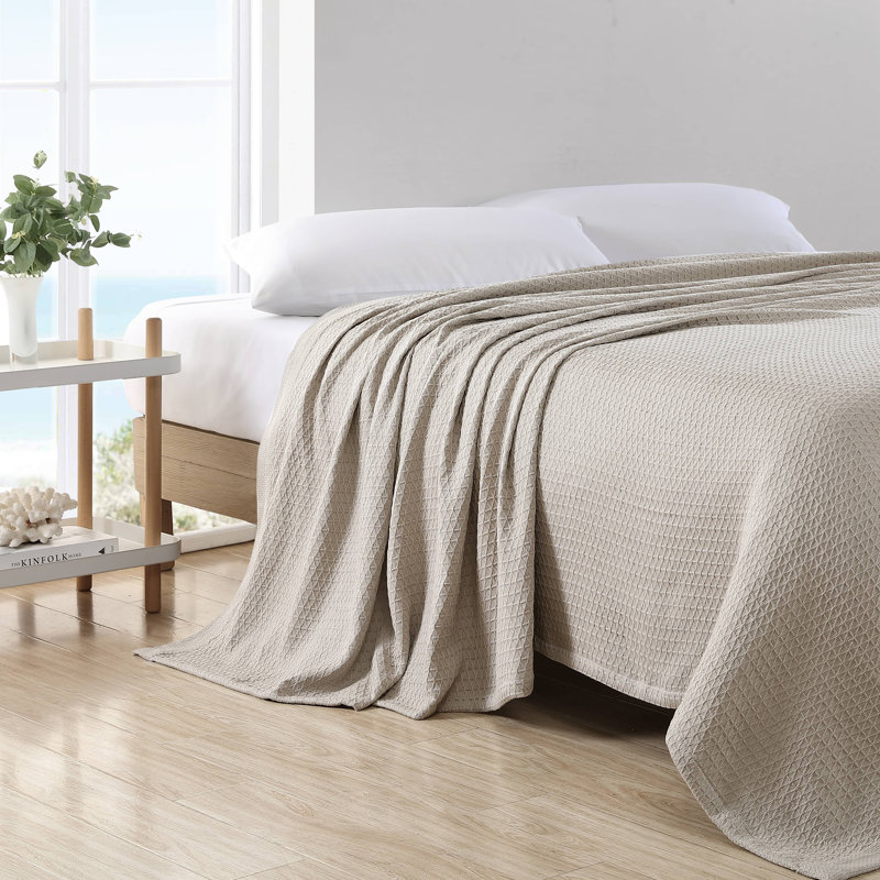Beige Full Cotton Knitted Reversible Blanket with Textured Accent