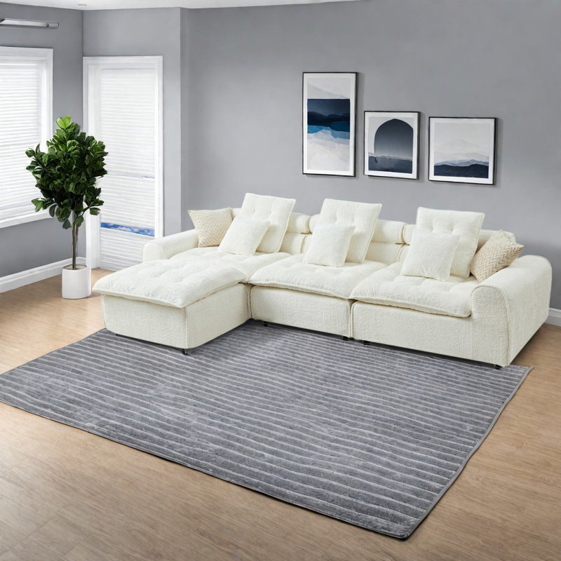 Canapé d'angle en bouclette blanche, grand canapé modulable à assise profonde, salon familial moderne, White Boucle