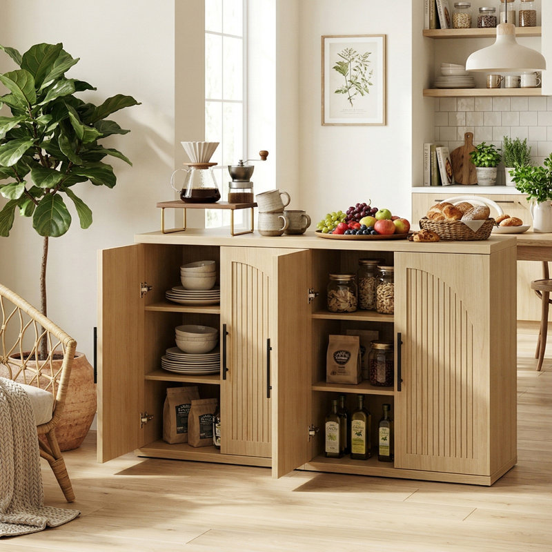 4-Door Storage Cabinet With Adjustable Shelves Multi-Purpose Sideboard For Home, Natural