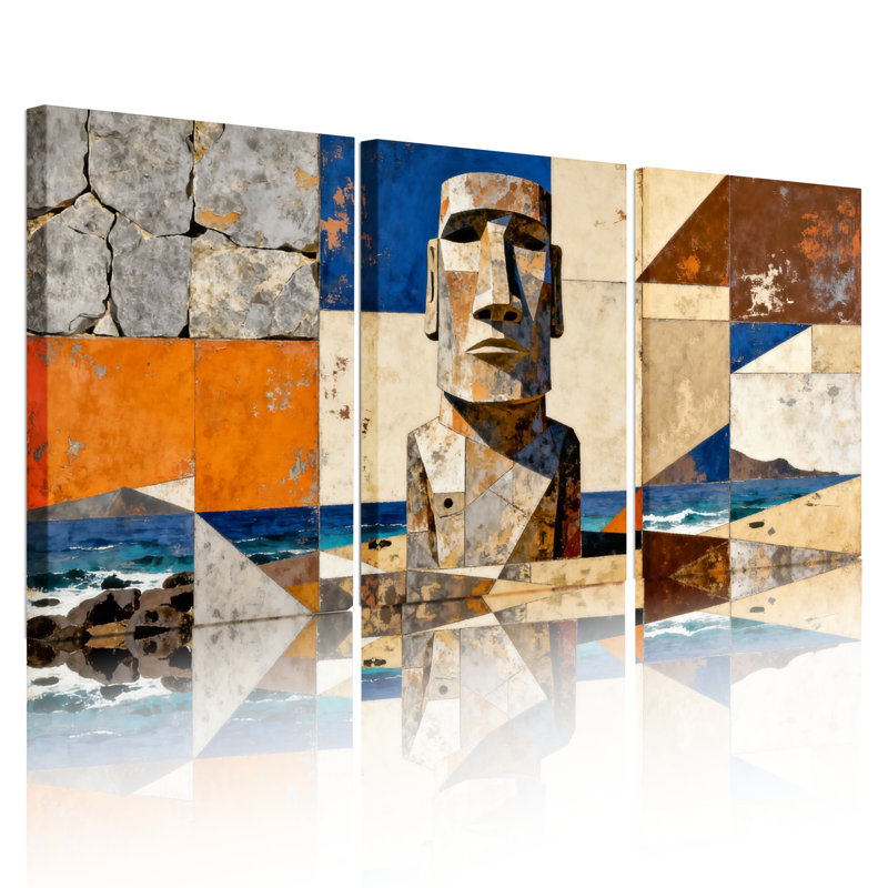 «Moai Statue Abstract Collage», reproduction d'art sur toile tendue sur toile (ensemble de 3), H 18 po x l 36 po