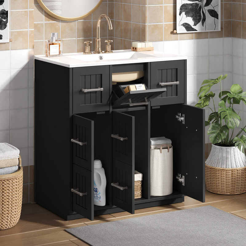 Meuble-lavabo moderne de 30 po Brindle avec tiroirs à fermeture en douceur et fabrication en panneau de fibres à densité moyenne durable
