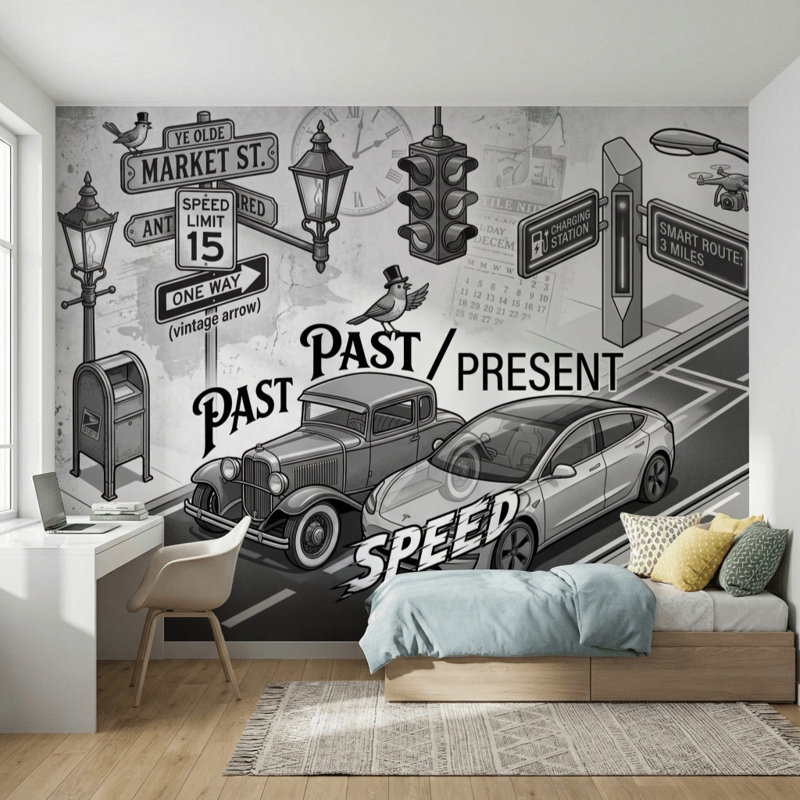 Décoration murale voiture moderne moderne Past and Présent, 120 po x 96 po, Peler et coller
