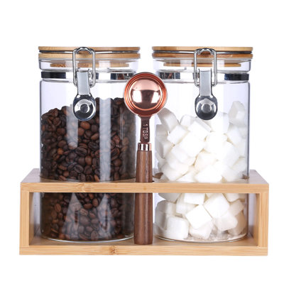 Glass Storage Jars With Spoon,Glass Coffee Bean Storage Containers,Airtight Sealed Jar Canisters Bamboo Lids With Scoop For Coffee Bean,Ground Coffee,