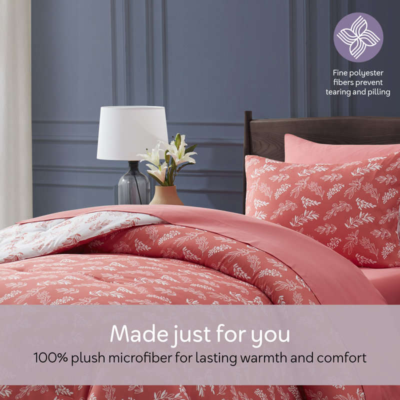 Nestl Botanical Bed in a Bag 5 piece Comforter Set with Sheets & Pillow Shams, Flamingo Pink/Cloudstone