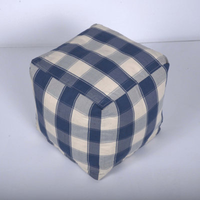 Checkered Square Pouf with Ivory and Navy Blue