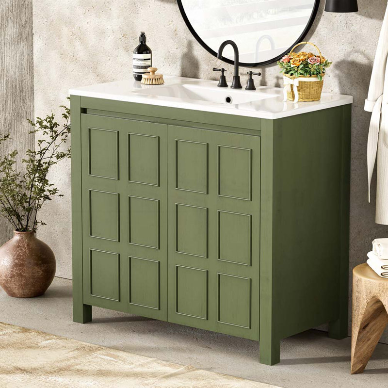 Meuble-lavabo de salle de bain avec lavabo en céramique, Vert olive