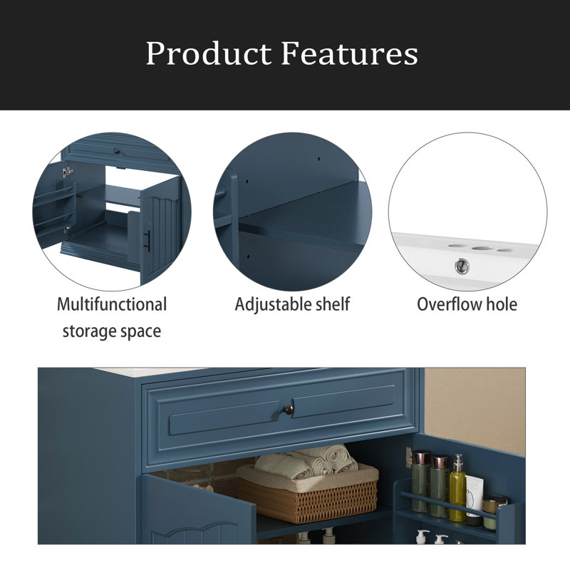 Meuble-lavabo de luxe 36 po avec lavabo en céramique, meuble-lavabo avec 2 grandes portes à fermeture douce et meuble de rangement en bois massif