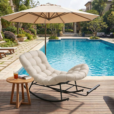 Outdoor Rocking Chair, Papasan Chair, Extendable Footrest, Removable Cushion, for Living Room, Patio