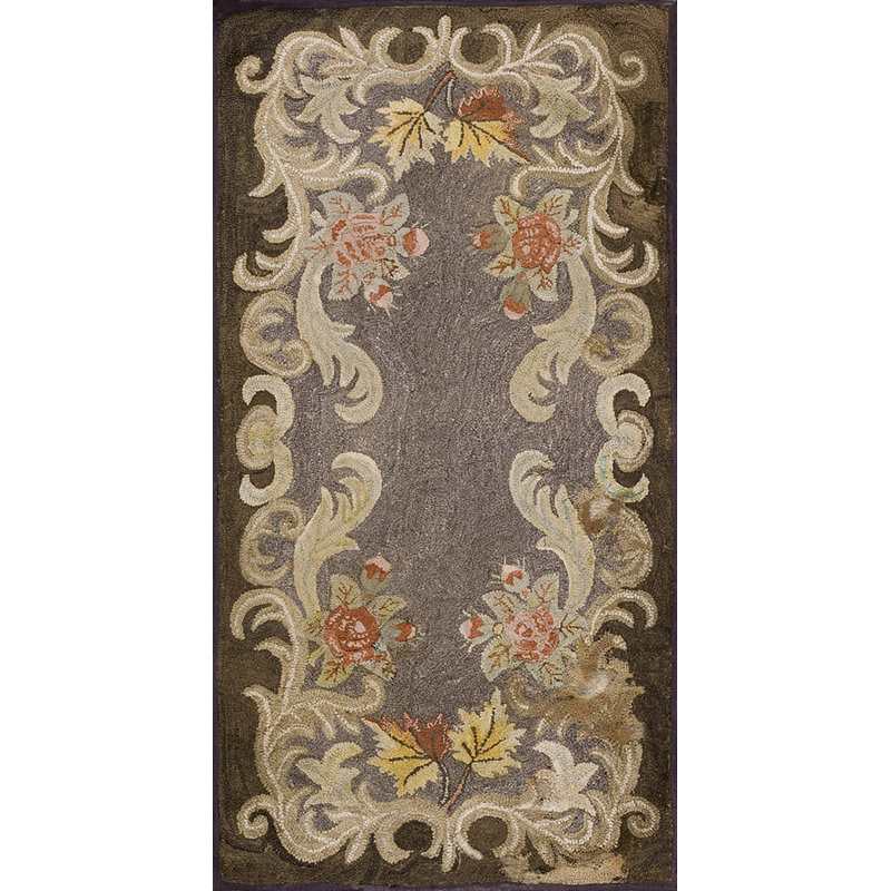Brown Gray Color Antique Floral Inlay Design American Hooked Rug