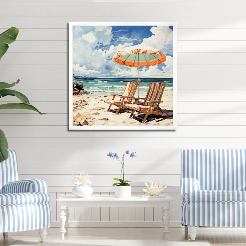 Beautify Beach Chairs Scenery III - Nautical & Beach Canvas Art Print, 16" H x 16" W, Gold Picture Framed