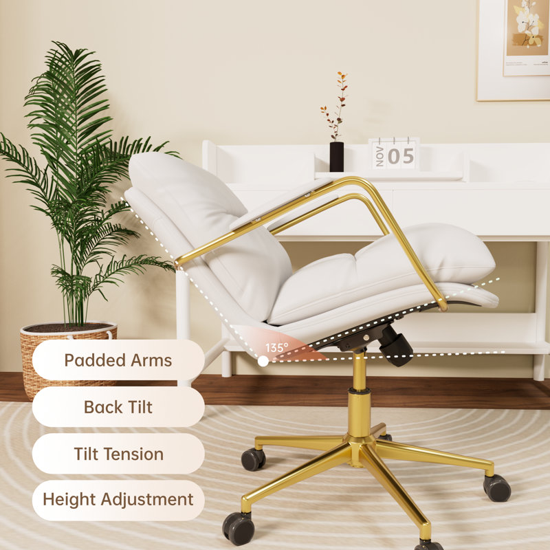 Chaise de bureau en cuir Jerrid, Blanc, Or
