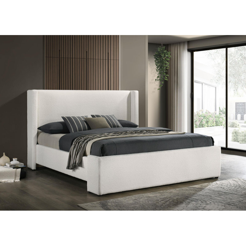 Boucle Upholstered Wingback Platform Bed, King, White