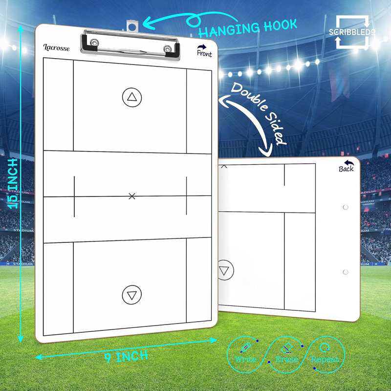Scribbledo Lacrosse tableau blanc effaçable pour autocars 15 po x 9 po Lacrosse Tableau blanc Fournitures pour entraîneur Presse-papiers Accessoires pour la crosse