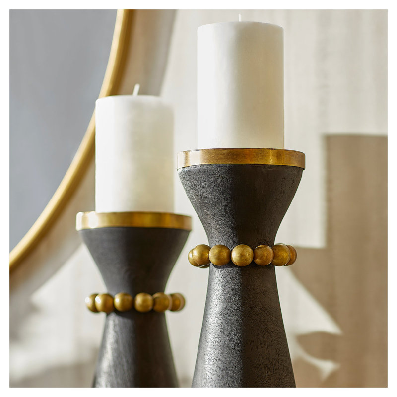Parvati Wood Tabletop Candlestick, Rubbed Black/Antique Brass, 12" H x 5.5" W x 5.5" D