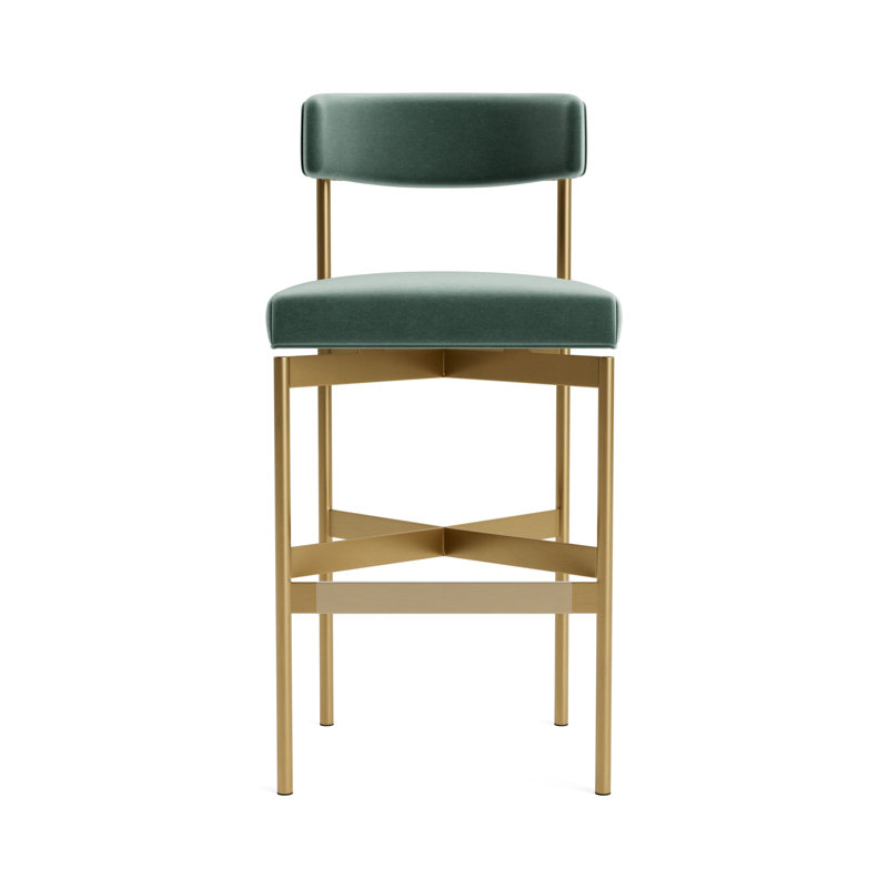 Remy Bar Stool, Performance Velvet - Jade, Brushed Brass, Bar Stool (31” Seat Height)