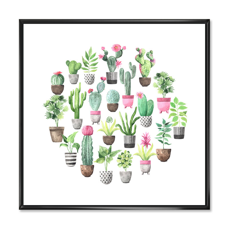 Cactus dans des pots en céramique aux tons doux II - peinture sur toile, H 36 po x l 36 po x 1,5 po, Cadre flottant noir